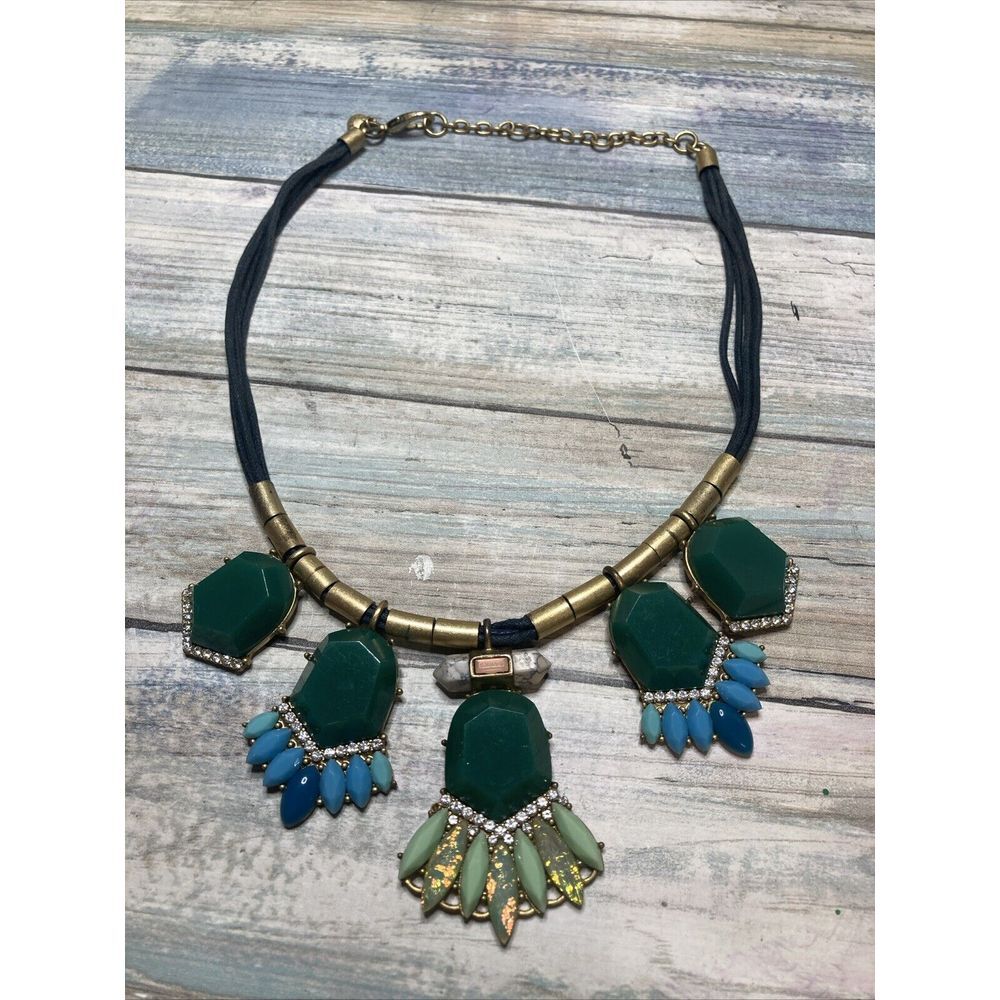 J.Crew jcrew Green Blue  Opalescent acrylic  Necklace‎ Black Cord Gold Tone 18"